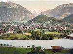 Interlaken and the Jungfrau, Aare River in foreground, Bernese Oberland, Switzerland