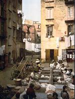 Street with washerwoman, Naples, Italy