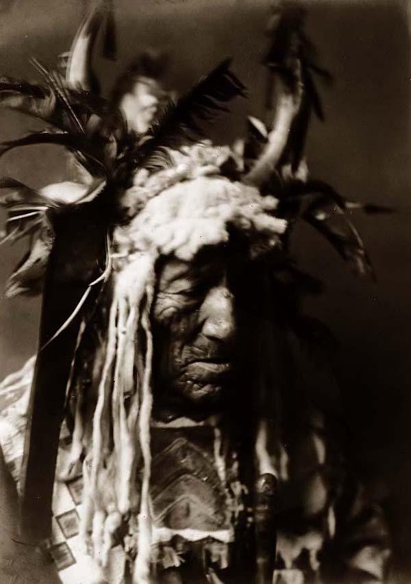 Lean Wolf, head-and-shoulders portrait, facing right, wearing horn headdress trimmed in white fur and dark feathers, beaded buckskin shirt.